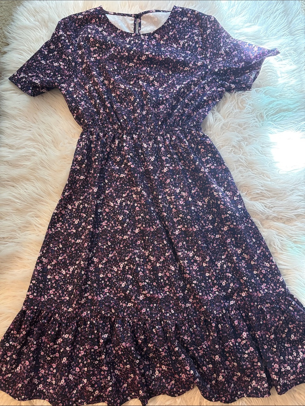 Purple Floral Midi Dress with Pink Blossoms